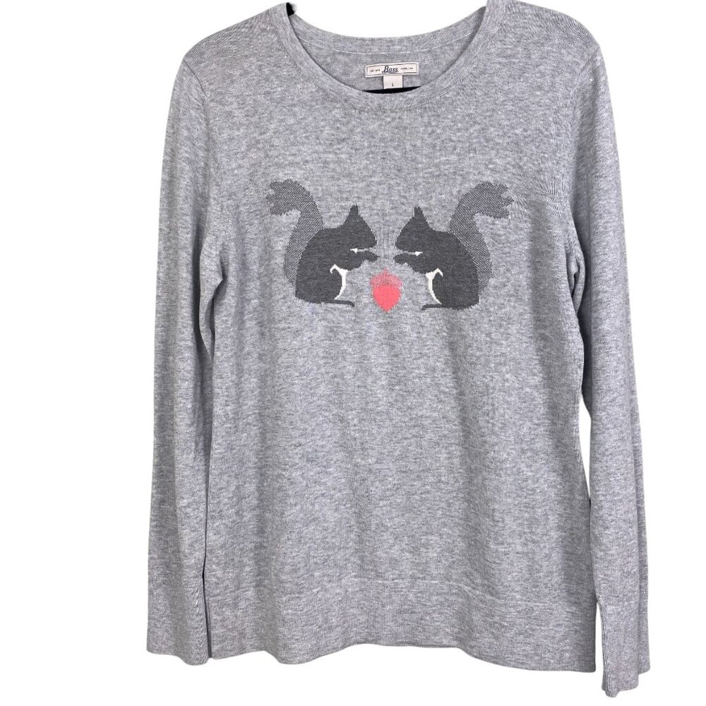 GH Bass Squirrel Acorn Heart Novelty Knit Sweater Gray Woodland Nature Cottage-L